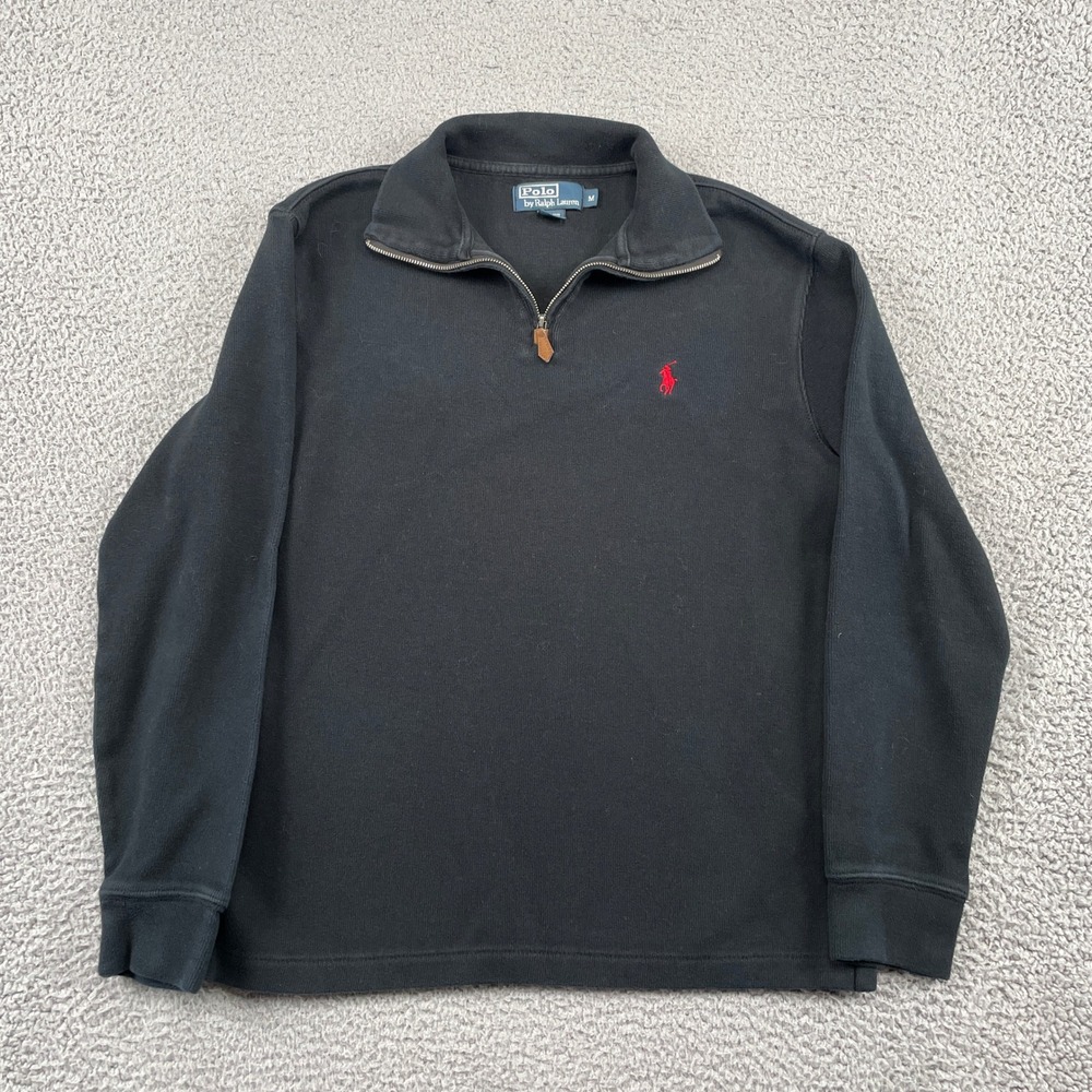 Polo Ralph Lauren Sweater Mens Medium Black Quarter Zip Pullover Cotton Pony